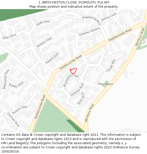 1, BRITICHESTON CLOSE, PLYMOUTH, PL9 9FF: Location map and indicative extent of plot