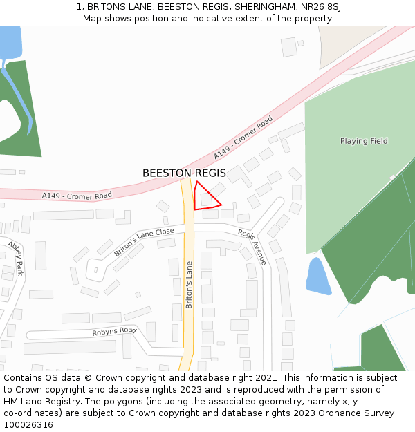 1, BRITONS LANE, BEESTON REGIS, SHERINGHAM, NR26 8SJ: Location map and indicative extent of plot
