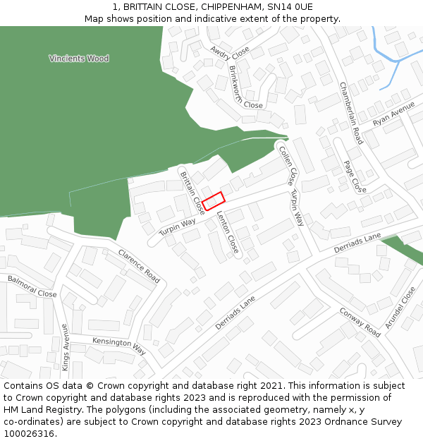 1, BRITTAIN CLOSE, CHIPPENHAM, SN14 0UE: Location map and indicative extent of plot