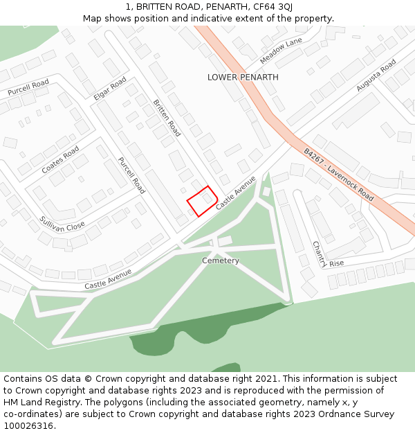 1, BRITTEN ROAD, PENARTH, CF64 3QJ: Location map and indicative extent of plot