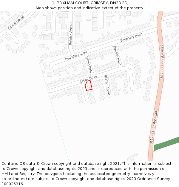 1, BRIXHAM COURT, GRIMSBY, DN33 3DJ: Location map and indicative extent of plot