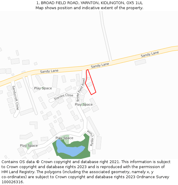 1, BROAD FIELD ROAD, YARNTON, KIDLINGTON, OX5 1UL: Location map and indicative extent of plot