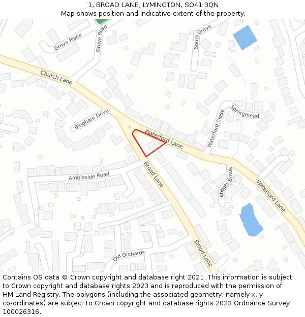 1, BROAD LANE, LYMINGTON, SO41 3QN: Location map and indicative extent of plot