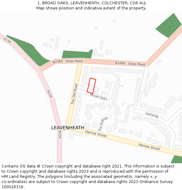 1, BROAD OAKS, LEAVENHEATH, COLCHESTER, CO6 4UJ: Location map and indicative extent of plot