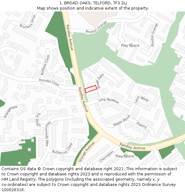 1, BROAD OAKS, TELFORD, TF3 2LJ: Location map and indicative extent of plot