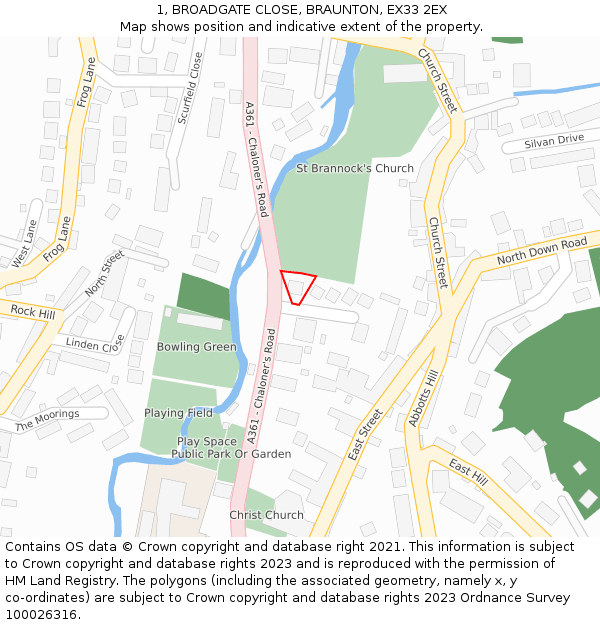 1, BROADGATE CLOSE, BRAUNTON, EX33 2EX: Location map and indicative extent of plot