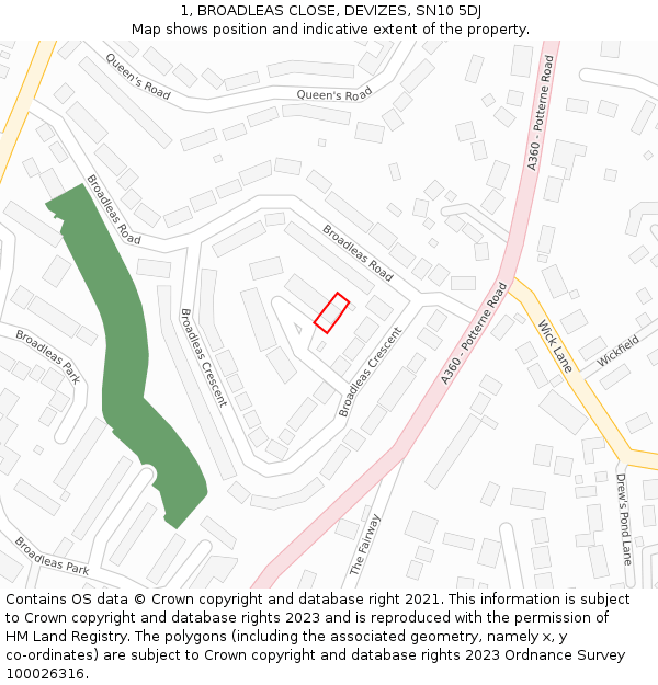 1, BROADLEAS CLOSE, DEVIZES, SN10 5DJ: Location map and indicative extent of plot