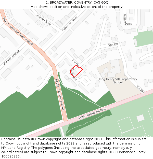 1, BROADWATER, COVENTRY, CV5 6QQ: Location map and indicative extent of plot