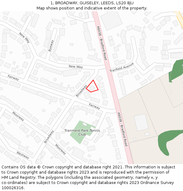 1, BROADWAY, GUISELEY, LEEDS, LS20 8JU: Location map and indicative extent of plot