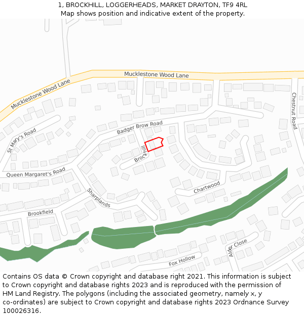 1, BROCKHILL, LOGGERHEADS, MARKET DRAYTON, TF9 4RL: Location map and indicative extent of plot