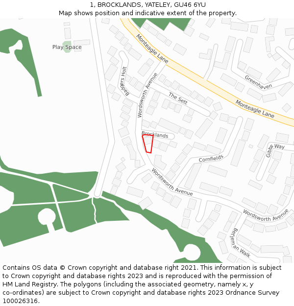 1, BROCKLANDS, YATELEY, GU46 6YU: Location map and indicative extent of plot