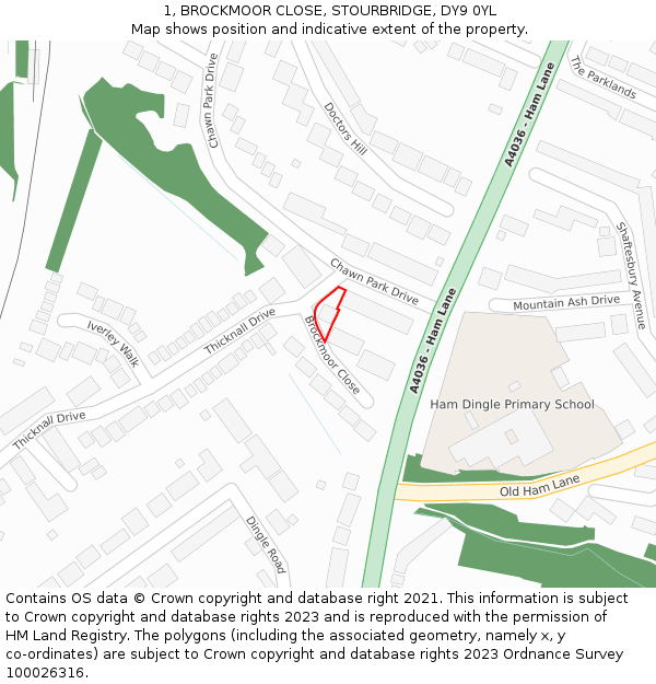 1, BROCKMOOR CLOSE, STOURBRIDGE, DY9 0YL: Location map and indicative extent of plot