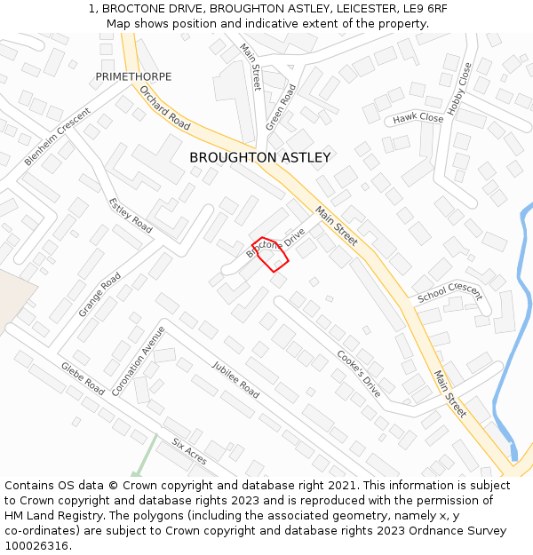 1, BROCTONE DRIVE, BROUGHTON ASTLEY, LEICESTER, LE9 6RF: Location map and indicative extent of plot
