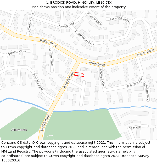 1, BRODICK ROAD, HINCKLEY, LE10 0TX: Location map and indicative extent of plot