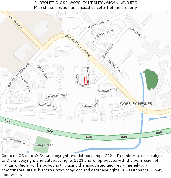 1, BRONTE CLOSE, WORSLEY MESNES, WIGAN, WN3 5TG: Location map and indicative extent of plot