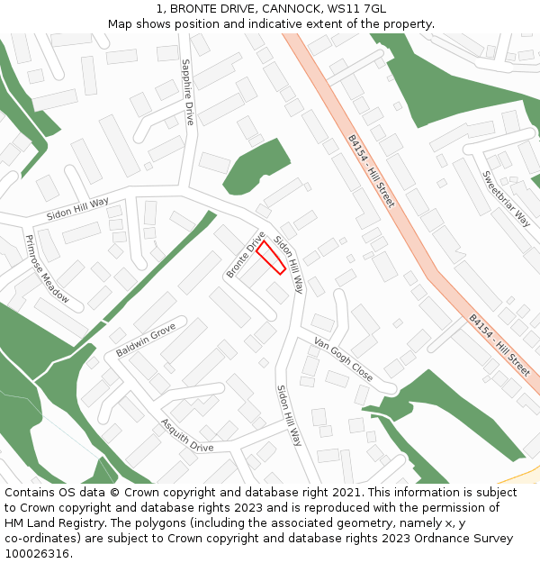 1, BRONTE DRIVE, CANNOCK, WS11 7GL: Location map and indicative extent of plot