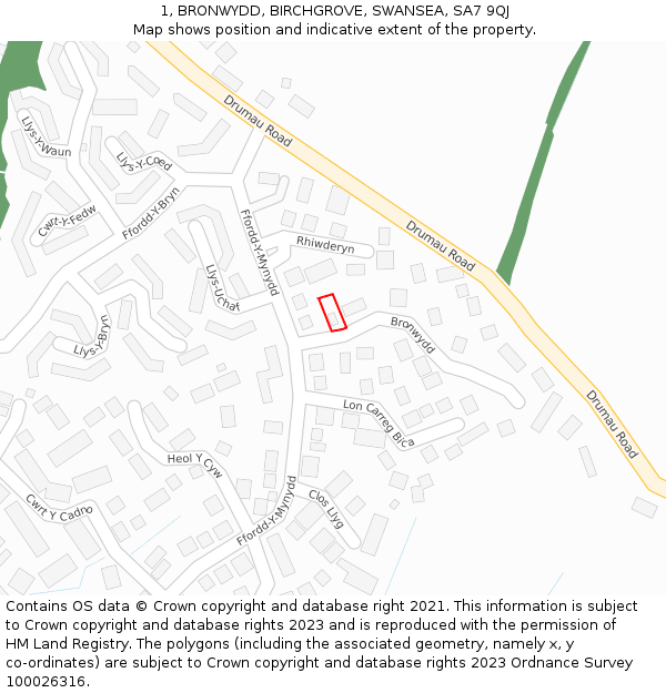 1, BRONWYDD, BIRCHGROVE, SWANSEA, SA7 9QJ: Location map and indicative extent of plot