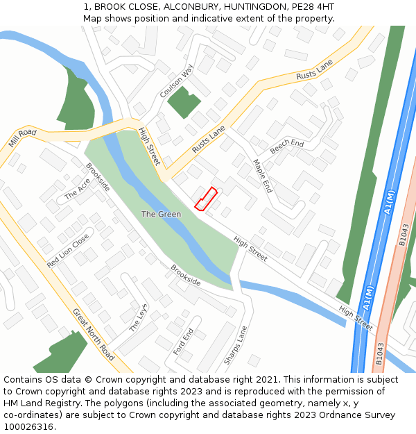 1, BROOK CLOSE, ALCONBURY, HUNTINGDON, PE28 4HT: Location map and indicative extent of plot