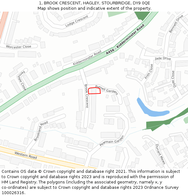 1, BROOK CRESCENT, HAGLEY, STOURBRIDGE, DY9 0QE: Location map and indicative extent of plot