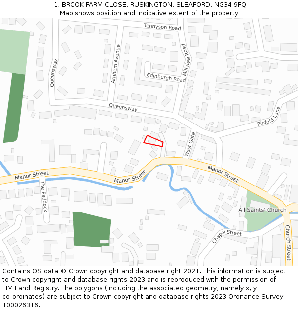 1, BROOK FARM CLOSE, RUSKINGTON, SLEAFORD, NG34 9FQ: Location map and indicative extent of plot