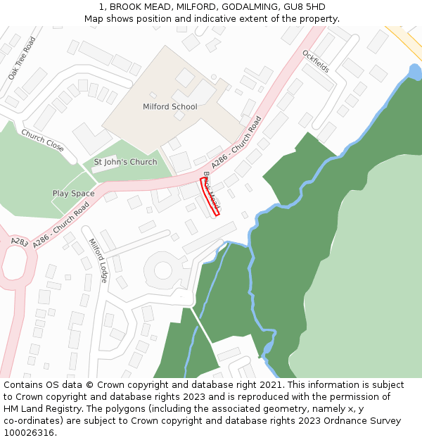 1, BROOK MEAD, MILFORD, GODALMING, GU8 5HD: Location map and indicative extent of plot