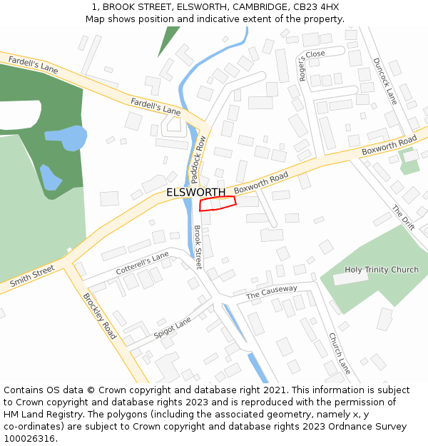 1, BROOK STREET, ELSWORTH, CAMBRIDGE, CB23 4HX: Location map and indicative extent of plot