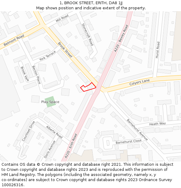 1, BROOK STREET, ERITH, DA8 1JJ: Location map and indicative extent of plot