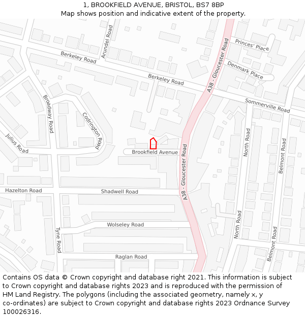 1, BROOKFIELD AVENUE, BRISTOL, BS7 8BP: Location map and indicative extent of plot