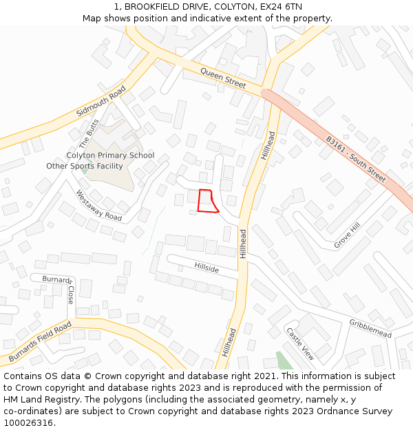 1, BROOKFIELD DRIVE, COLYTON, EX24 6TN: Location map and indicative extent of plot