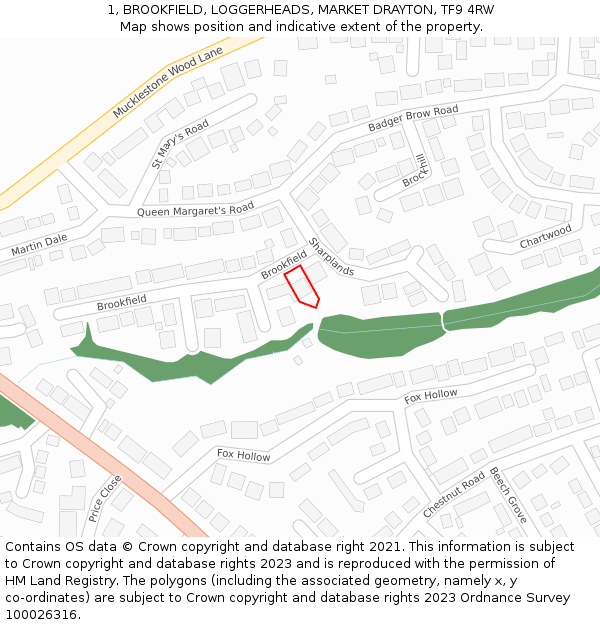 1, BROOKFIELD, LOGGERHEADS, MARKET DRAYTON, TF9 4RW: Location map and indicative extent of plot