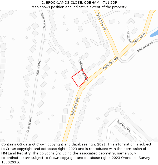 1, BROOKLANDS CLOSE, COBHAM, KT11 2DR: Location map and indicative extent of plot