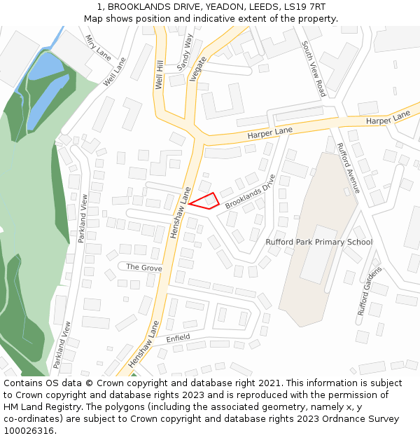 1, BROOKLANDS DRIVE, YEADON, LEEDS, LS19 7RT: Location map and indicative extent of plot