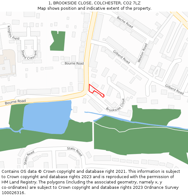 1, BROOKSIDE CLOSE, COLCHESTER, CO2 7LZ: Location map and indicative extent of plot