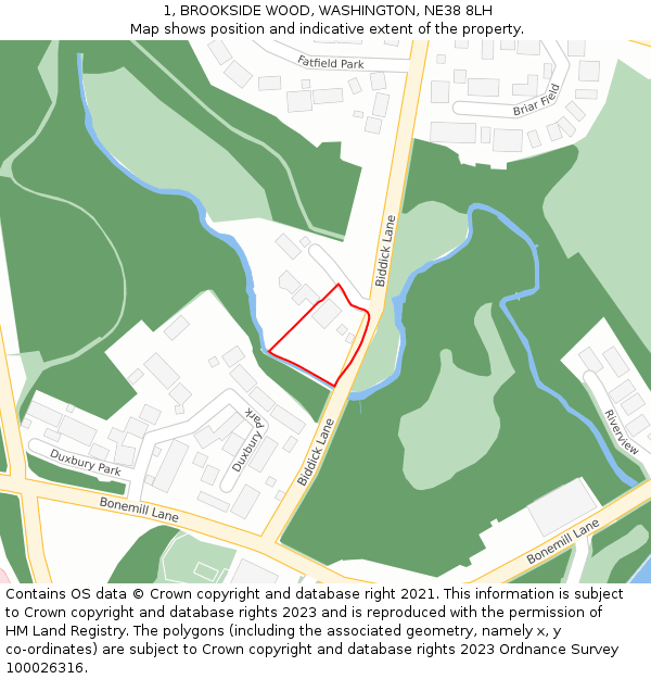 1, BROOKSIDE WOOD, WASHINGTON, NE38 8LH: Location map and indicative extent of plot