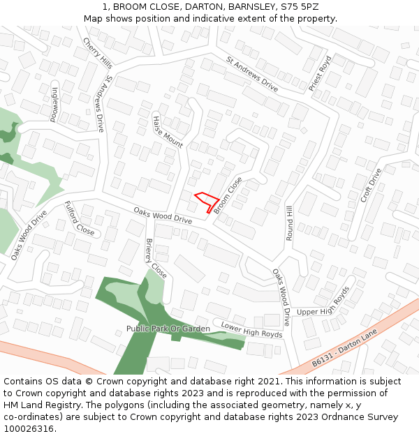 1, BROOM CLOSE, DARTON, BARNSLEY, S75 5PZ: Location map and indicative extent of plot