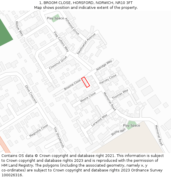 1, BROOM CLOSE, HORSFORD, NORWICH, NR10 3FT: Location map and indicative extent of plot