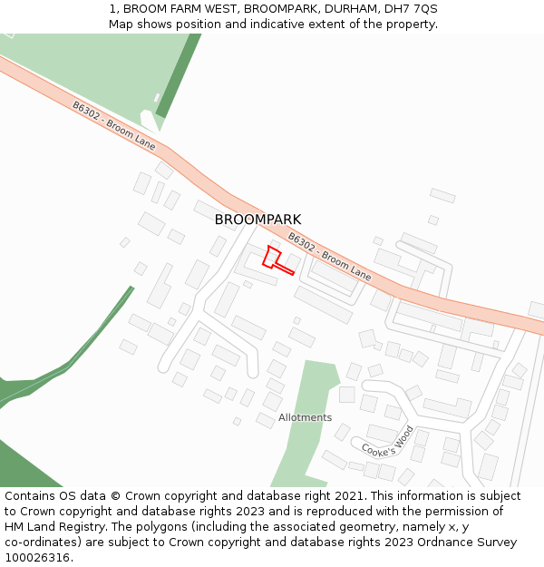 1, BROOM FARM WEST, BROOMPARK, DURHAM, DH7 7QS: Location map and indicative extent of plot