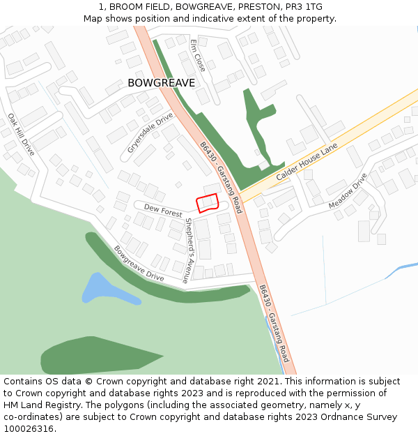 1, BROOM FIELD, BOWGREAVE, PRESTON, PR3 1TG: Location map and indicative extent of plot