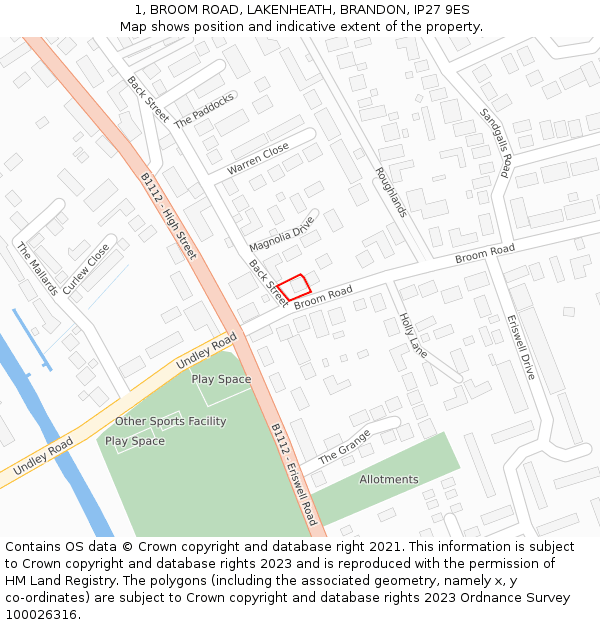 1, BROOM ROAD, LAKENHEATH, BRANDON, IP27 9ES: Location map and indicative extent of plot