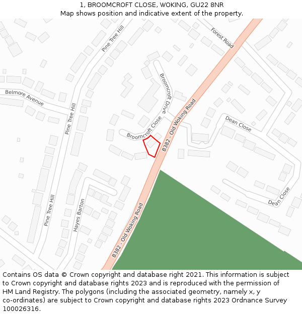 1, BROOMCROFT CLOSE, WOKING, GU22 8NR: Location map and indicative extent of plot