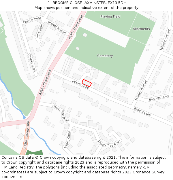 1, BROOME CLOSE, AXMINSTER, EX13 5DH: Location map and indicative extent of plot