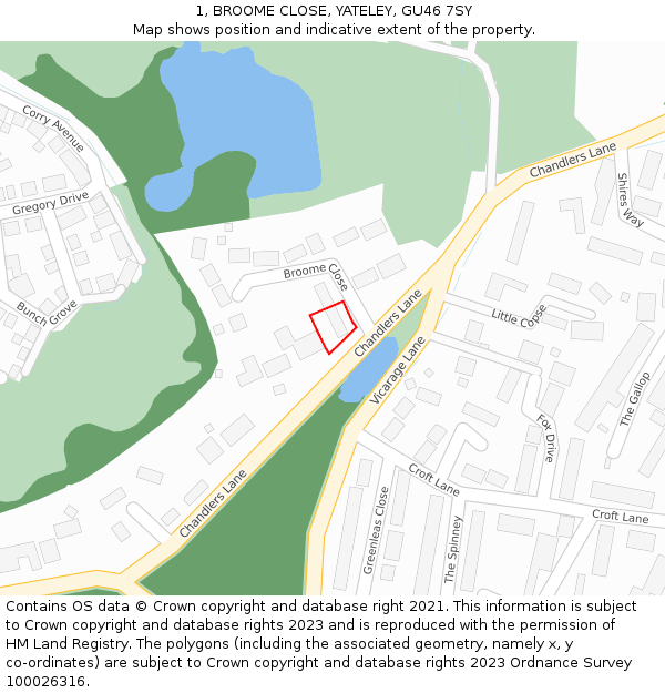 1, BROOME CLOSE, YATELEY, GU46 7SY: Location map and indicative extent of plot
