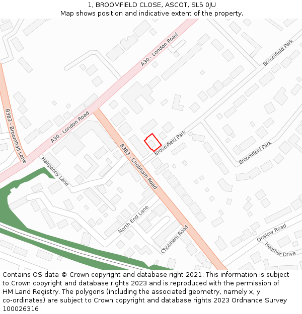 1, BROOMFIELD CLOSE, ASCOT, SL5 0JU: Location map and indicative extent of plot