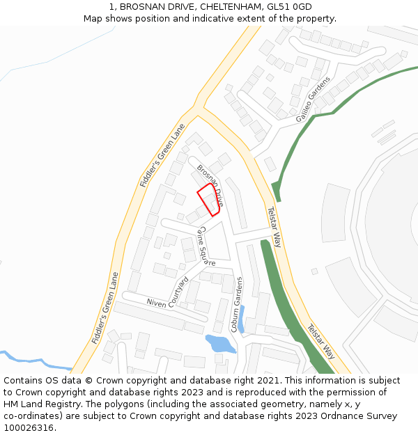 1, BROSNAN DRIVE, CHELTENHAM, GL51 0GD: Location map and indicative extent of plot