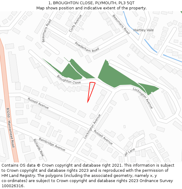 1, BROUGHTON CLOSE, PLYMOUTH, PL3 5QT: Location map and indicative extent of plot