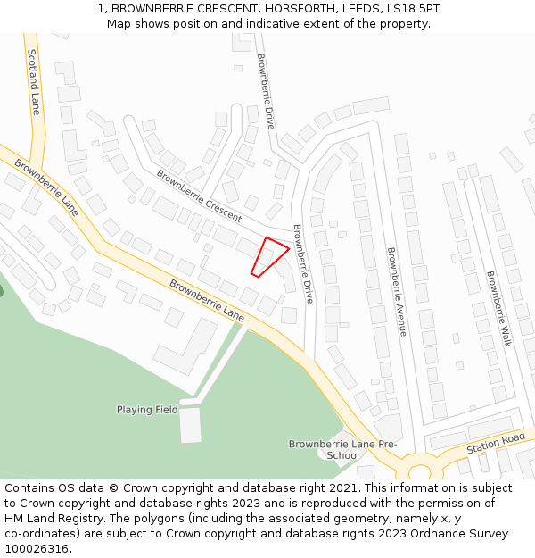 1, BROWNBERRIE CRESCENT, HORSFORTH, LEEDS, LS18 5PT: Location map and indicative extent of plot