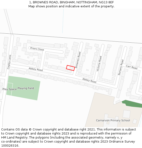 1, BROWNES ROAD, BINGHAM, NOTTINGHAM, NG13 8EF: Location map and indicative extent of plot