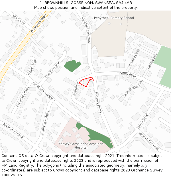 1, BROWNHILLS, GORSEINON, SWANSEA, SA4 4AB: Location map and indicative extent of plot