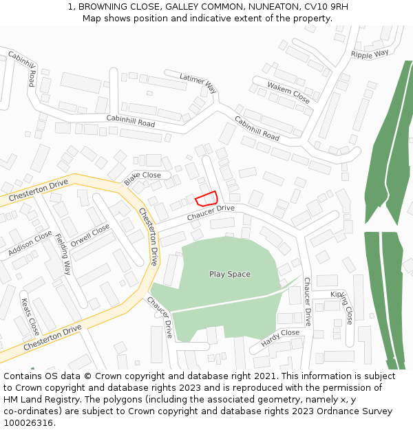 1, BROWNING CLOSE, GALLEY COMMON, NUNEATON, CV10 9RH: Location map and indicative extent of plot