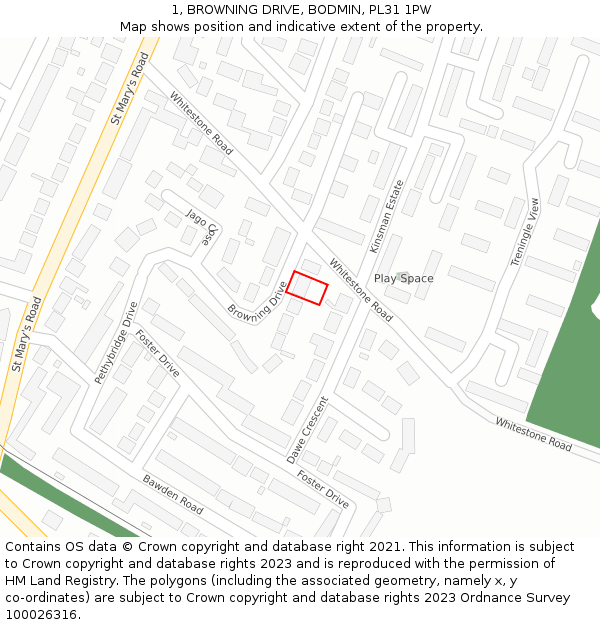 1, BROWNING DRIVE, BODMIN, PL31 1PW: Location map and indicative extent of plot